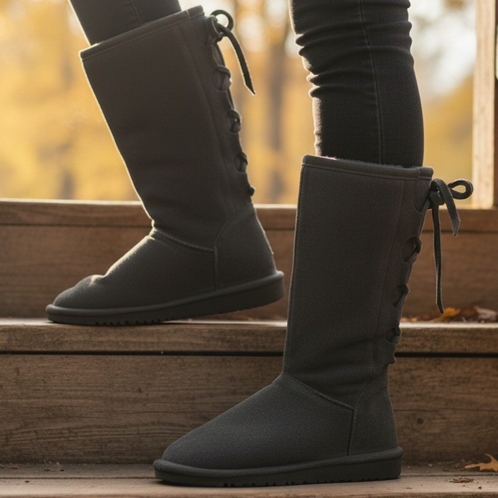 Bearpaw Youth 5 Gray Suede Shearling Lace Back Winter Boots Warm Lined Cozy‎